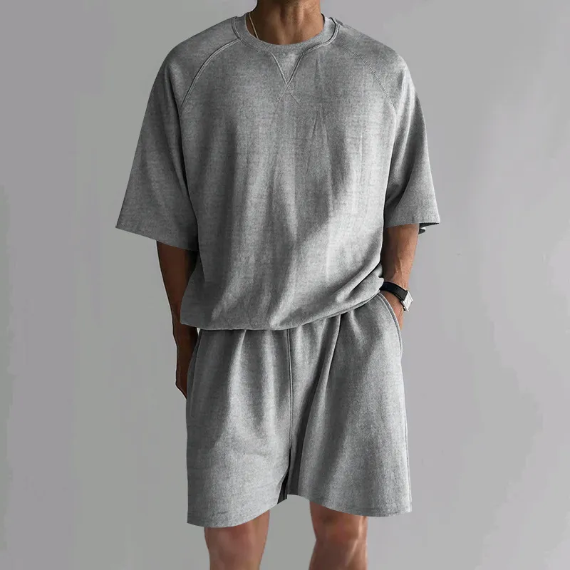 Men Fashion Casual Summer Solid Color Round Neck Short Sleeve T-Shirt Loose Shorts Two-Piece Set