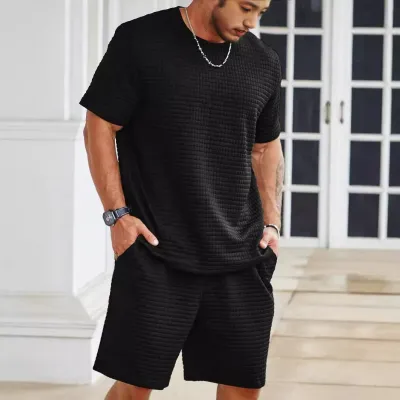 Men's Casual Summer Solid Color Jacquard Round Neck Short-Sleeve T-Shirt and Shorts Two-Piece Set