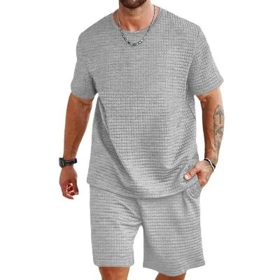 Men's Casual Summer Solid Color Jacquard Round Neck Short-Sleeve T-Shirt and Shorts Two-Piece Set