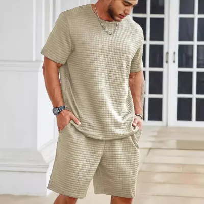 Men's Casual Summer Solid Color Jacquard Round Neck Short-Sleeve T-Shirt and Shorts Two-Piece Set