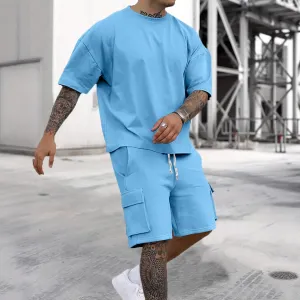 Men's Fashion Casual Summer Solid Color Quick-Drying Short-Sleeve T-Shirt and Shorts Two-Piece Set