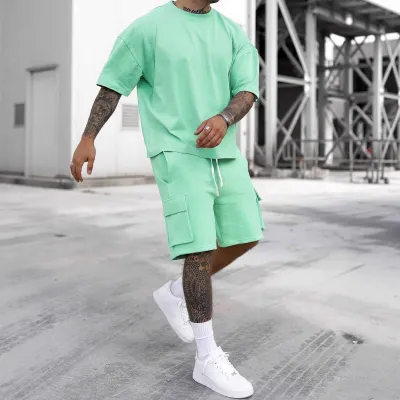 Men's Fashion Casual Summer Solid Color Quick-Drying Short-Sleeve T-Shirt and Shorts Two-Piece Set