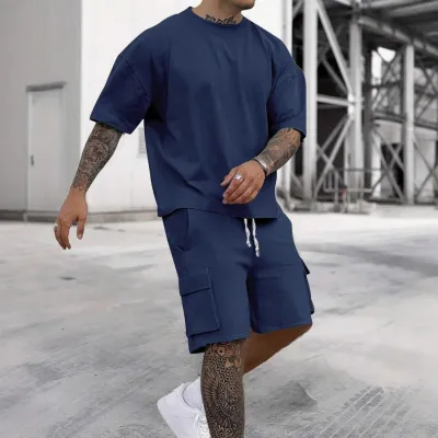 Men's Fashion Casual Summer Solid Color Quick-Drying Short-Sleeve T-Shirt and Shorts Two-Piece Set