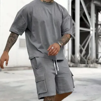 Men's Fashion Casual Summer Solid Color Quick-Drying Short-Sleeve T-Shirt and Shorts Two-Piece Set