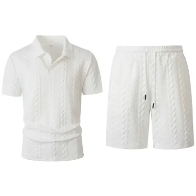 Men's Fashion Casual Summer Solid Color Jacquard Lapel Short Sleeve Shirt and Shorts Two-Piece Set