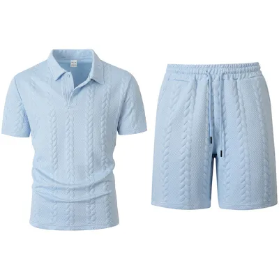 Men's Fashion Casual Summer Solid Color Jacquard Lapel Short Sleeve Shirt and Shorts Two-Piece Set