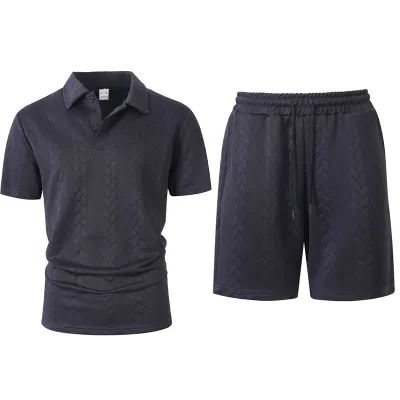 Men's Fashion Casual Summer Solid Color Jacquard Lapel Short Sleeve Shirt and Shorts Two-Piece Set