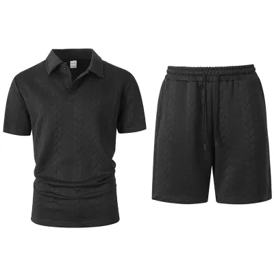 Men's Fashion Casual Summer Solid Color Jacquard Lapel Short Sleeve Shirt and Shorts Two-Piece Set