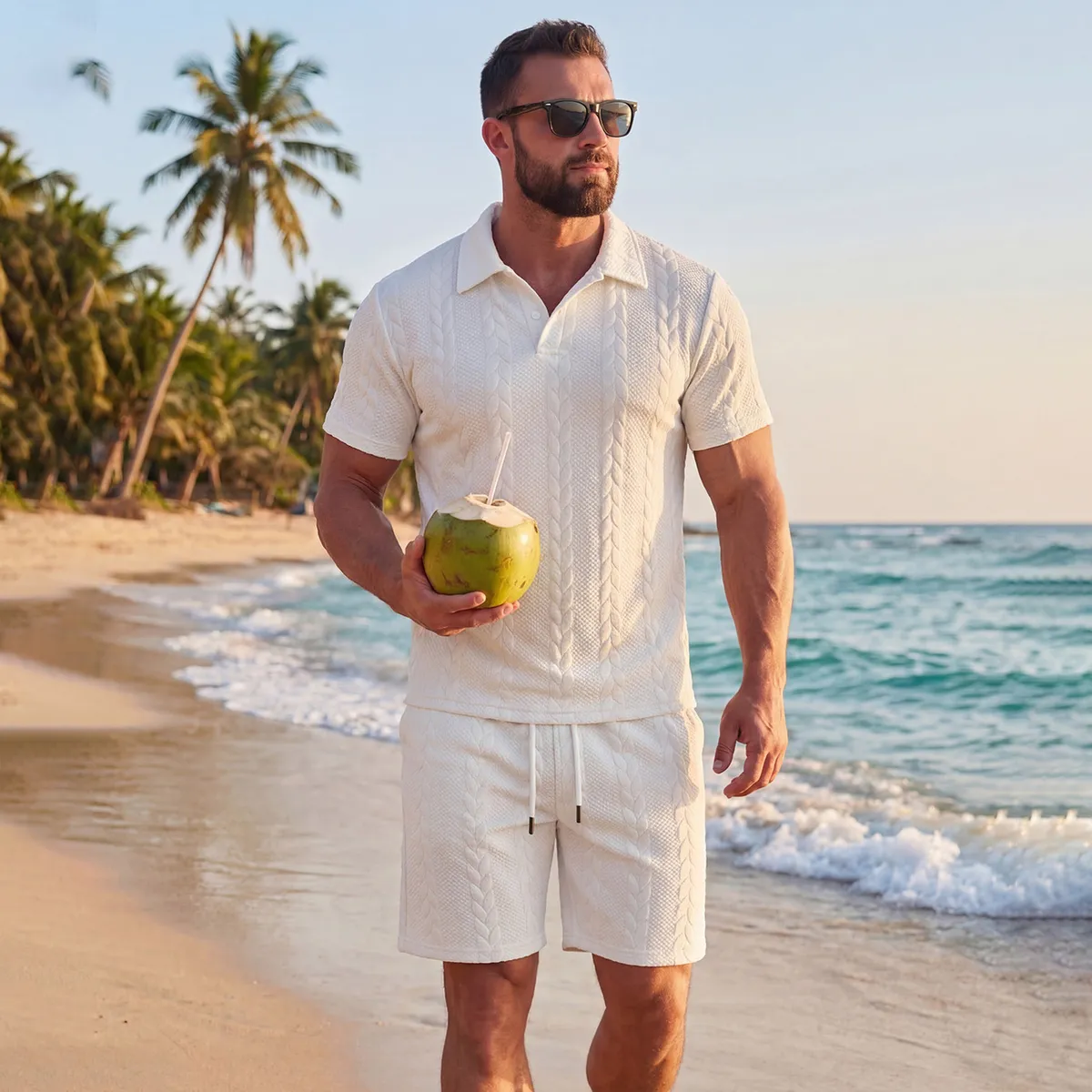 Men's Fashion Casual Summer Solid Color Jacquard Lapel Short Sleeve Shirt and Shorts Two-Piece Set