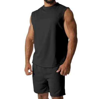 Men's Fashion Casual Summer Solid Color Sleeveless Top and Shorts Two-Piece Set Loose