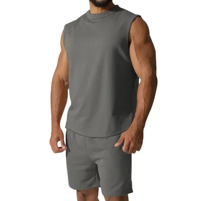 Men's Fashion Casual Summer Solid Color Sleeveless Top and Shorts Two-Piece Set Loose