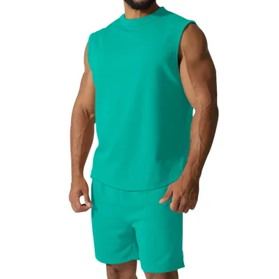 Men's Fashion Casual Summer Solid Color Sleeveless Top and Shorts Two-Piece Set Loose