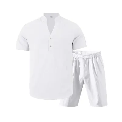 Men'S Fashion Casual Summer Solid Color Linen Short-Sleeve Shirt Loose Shorts Two-Piece Set