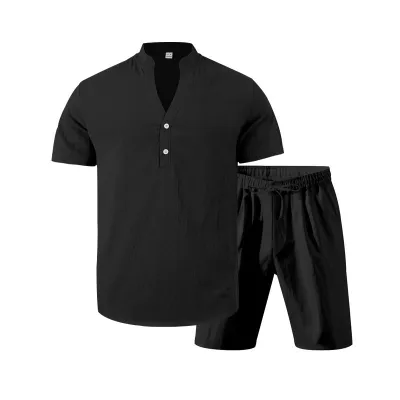 Men'S Fashion Casual Summer Solid Color Linen Short-Sleeve Shirt Loose Shorts Two-Piece Set