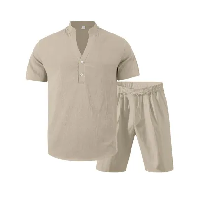 Men'S Fashion Casual Summer Solid Color Linen Short-Sleeve Shirt Loose Shorts Two-Piece Set