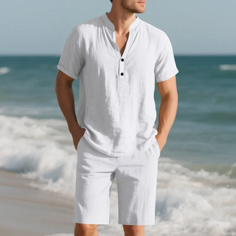 Men'S Fashion Casual Summer Solid Color Linen Short-Sleeve Shirt Loose Shorts Two-Piece Set
