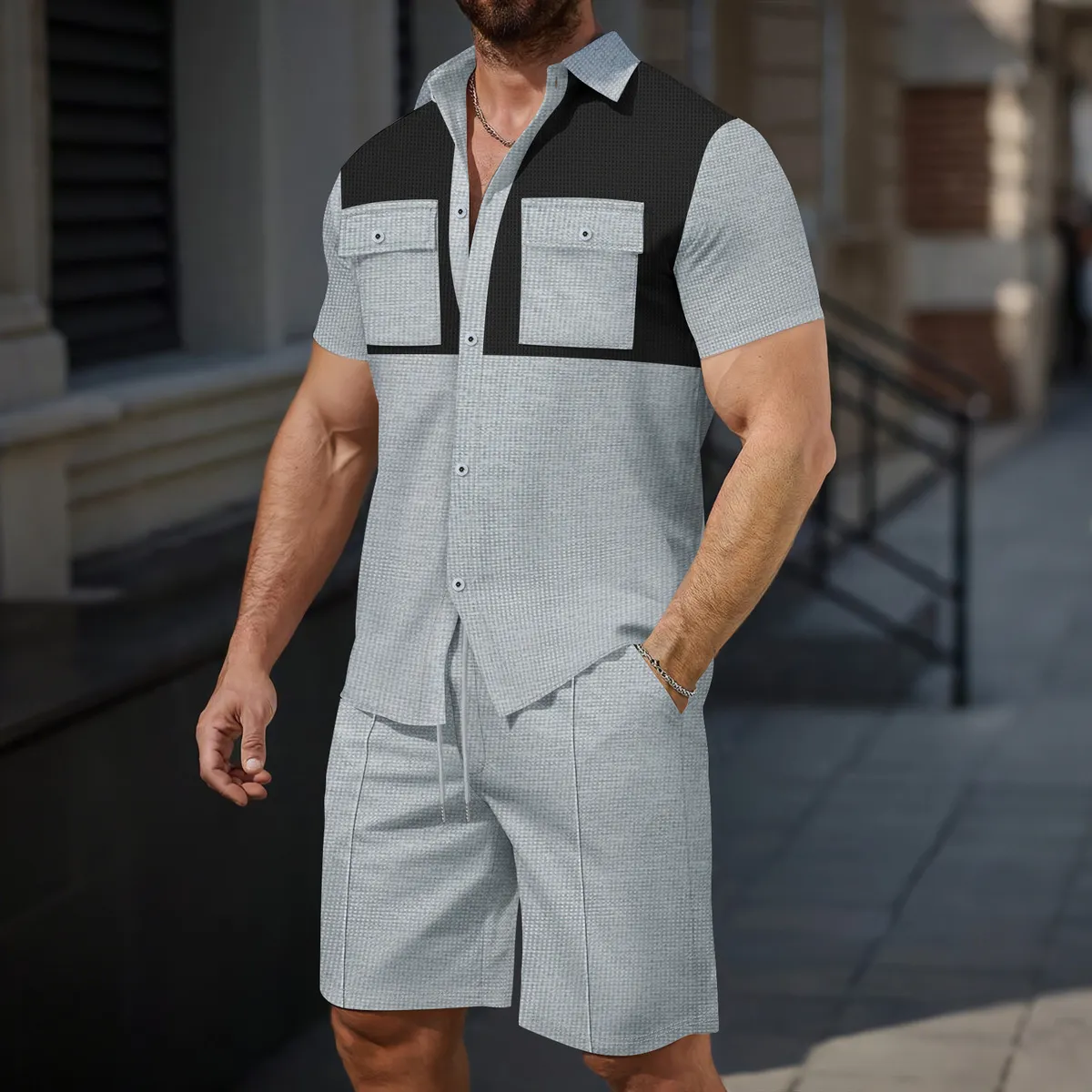 Men's Casual Summer Color Matching Shirt Shorts Two-Piece Set with Lapel Double Pocket