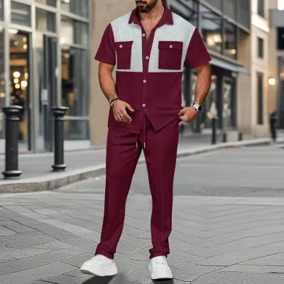 Men Fashion Casual Waffle Color Block Lapel Short Sleeve Two-Piece Set