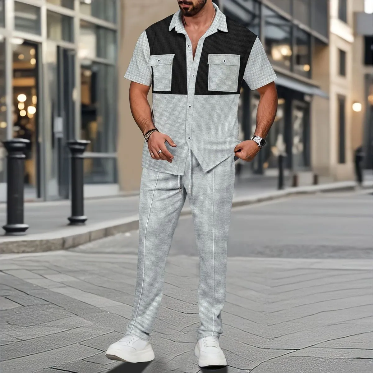 Men Fashion Casual Waffle Color Block Lapel Short Sleeve Two-Piece Set
