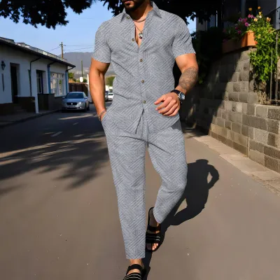 Men's Fashion Summer Jacquard Lapel Short Sleeve Shirt and Loose Pants Two-Piece Set