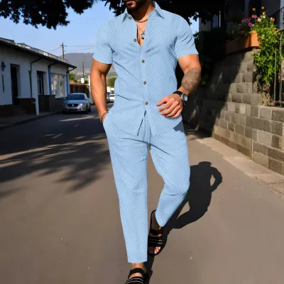 Men's Fashion Summer Jacquard Lapel Short Sleeve Shirt and Loose Pants Two-Piece Set