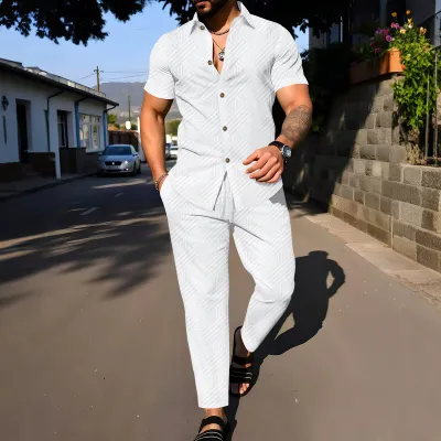 Men's Fashion Summer Jacquard Lapel Short Sleeve Shirt and Loose Pants Two-Piece Set