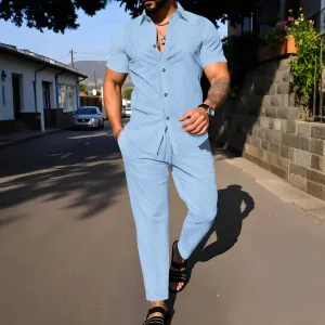Men's Fashion Summer Jacquard Lapel Short Sleeve Shirt and Loose Pants Two-Piece Set