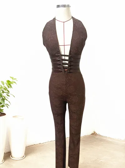 Women'S Fashion Sexy Solid Color Lace Halter-Neck Deep V-Neck Lace-Up Jumpsuit
