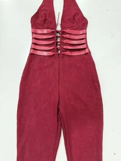 Women'S Fashion Sexy Solid Color Lace Halter-Neck Deep V-Neck Lace-Up Jumpsuit