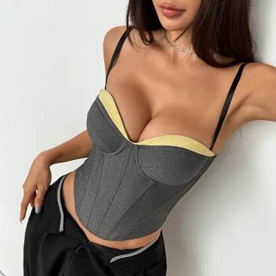 Women Fashion Sexy Summer Stitching Contrast Color Fishbone Corset Camisole