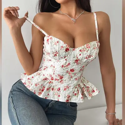 Women Fashion Sexy Summer Flower Printed Irregular Ruffled Backless Lace-Up Corset Camisole
