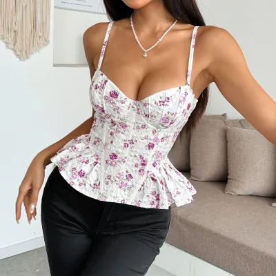 Women Fashion Sexy Summer Flower Printed Irregular Ruffled Backless Lace-Up Corset Camisole