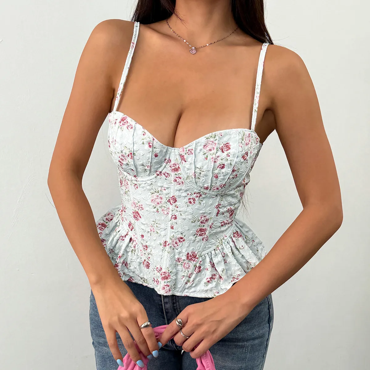 Women Fashion Sexy Summer Flower Printed Irregular Ruffled Backless Lace-Up Corset Camisole