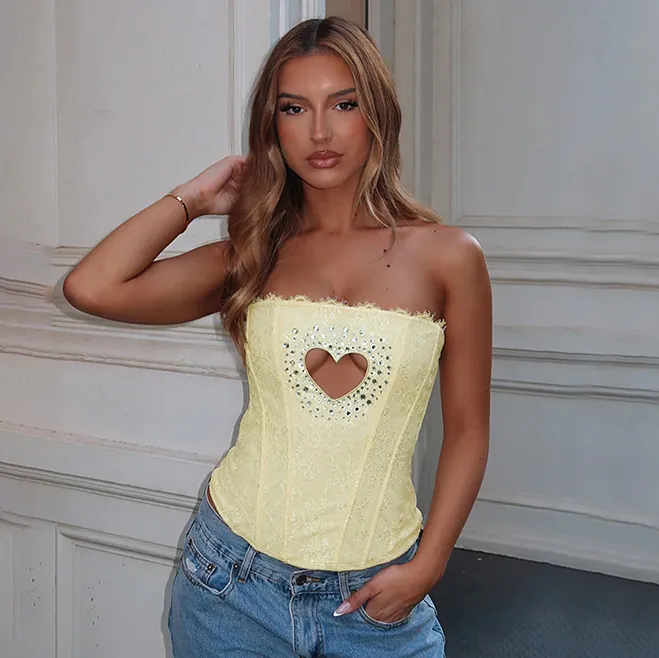 Women Fashion Sexy Summer Solid Color Rhinestone Hollow Love Slim-Fit Tight Waist Corset Tube Top