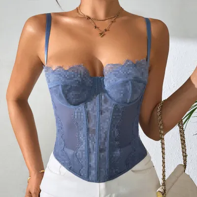 Women Fashion Sexy Summer Solid Color Lace Perspective Fishbone Corset Camisole