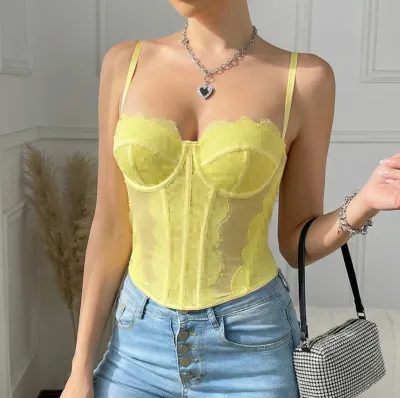 Women Fashion Sexy Summer Solid Color Lace Perspective Fishbone Corset Camisole