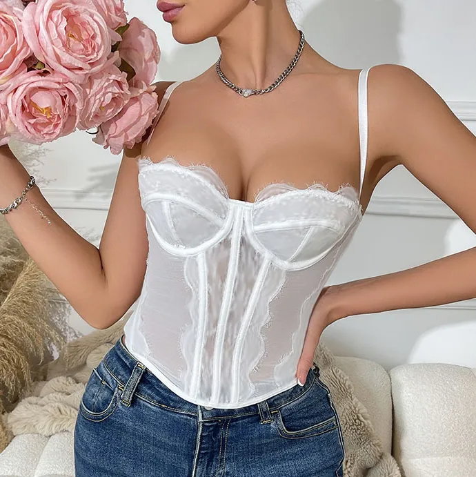 Women Fashion Sexy Summer Solid Color Lace Perspective Fishbone Corset Camisole