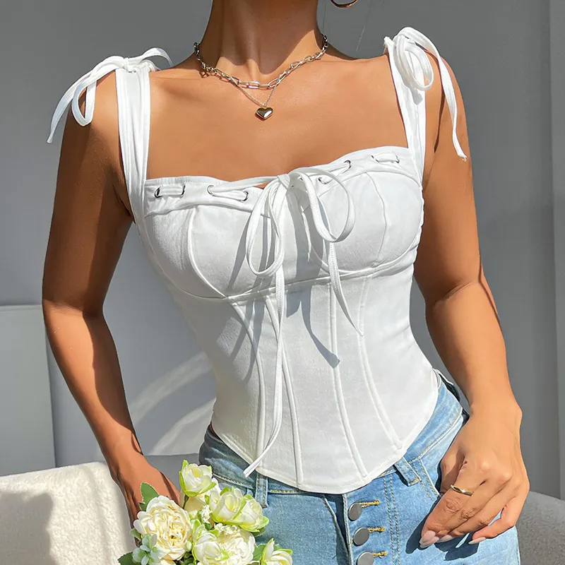 Women Fashion Sexy Summer Solid Color Square Neck Slim-Fit Fishbone Lace-Up Corset Tank Top
