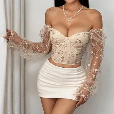 Women Fashion Sexy Summer Flower Embroidery Mesh Stitching Long-Sleeve Steel Ring Fishbone Corset Crop Top