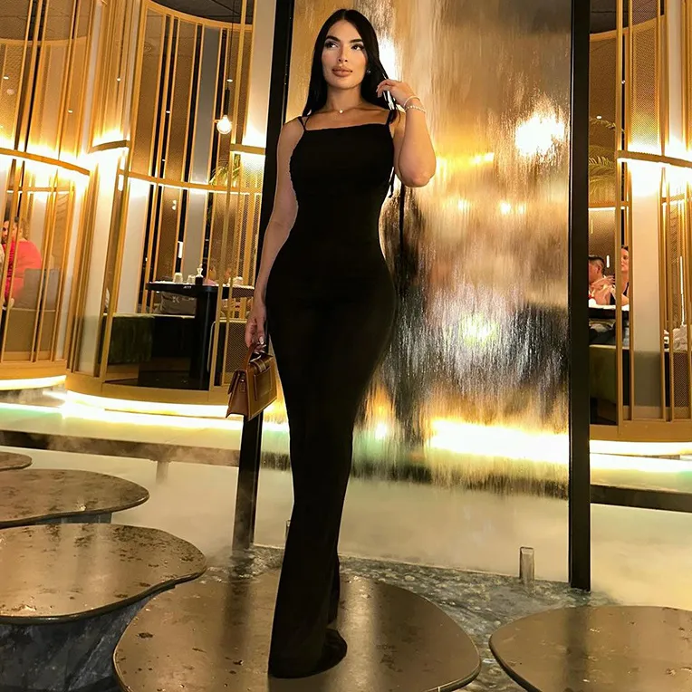 Women Fashion Sexy Solid Color Spaghetti Strap Backless Pleated Jumpsuits
