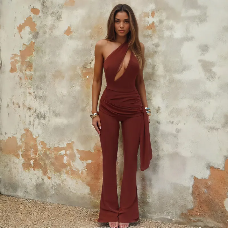 Women Fashion Sexy Summer Solid Color Slanted Shoulder Hollow Slim-Fit Jumpsuits