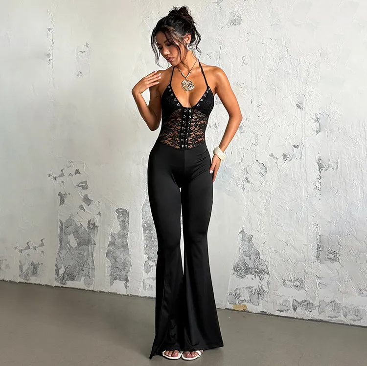 Women Fashion Sexy Summer Solid Color Lace Halter-Neck Lace-Up Slim Jumpsuit