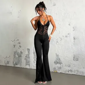 Women Fashion Sexy Summer Solid Color Lace Halter-Neck Lace-Up Slim Jumpsuit
