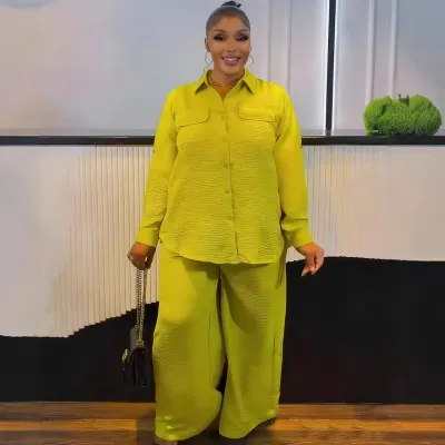 African Women Casual Plus Size Long Sleeve Shirt And Wide Leg Two-Piece Set