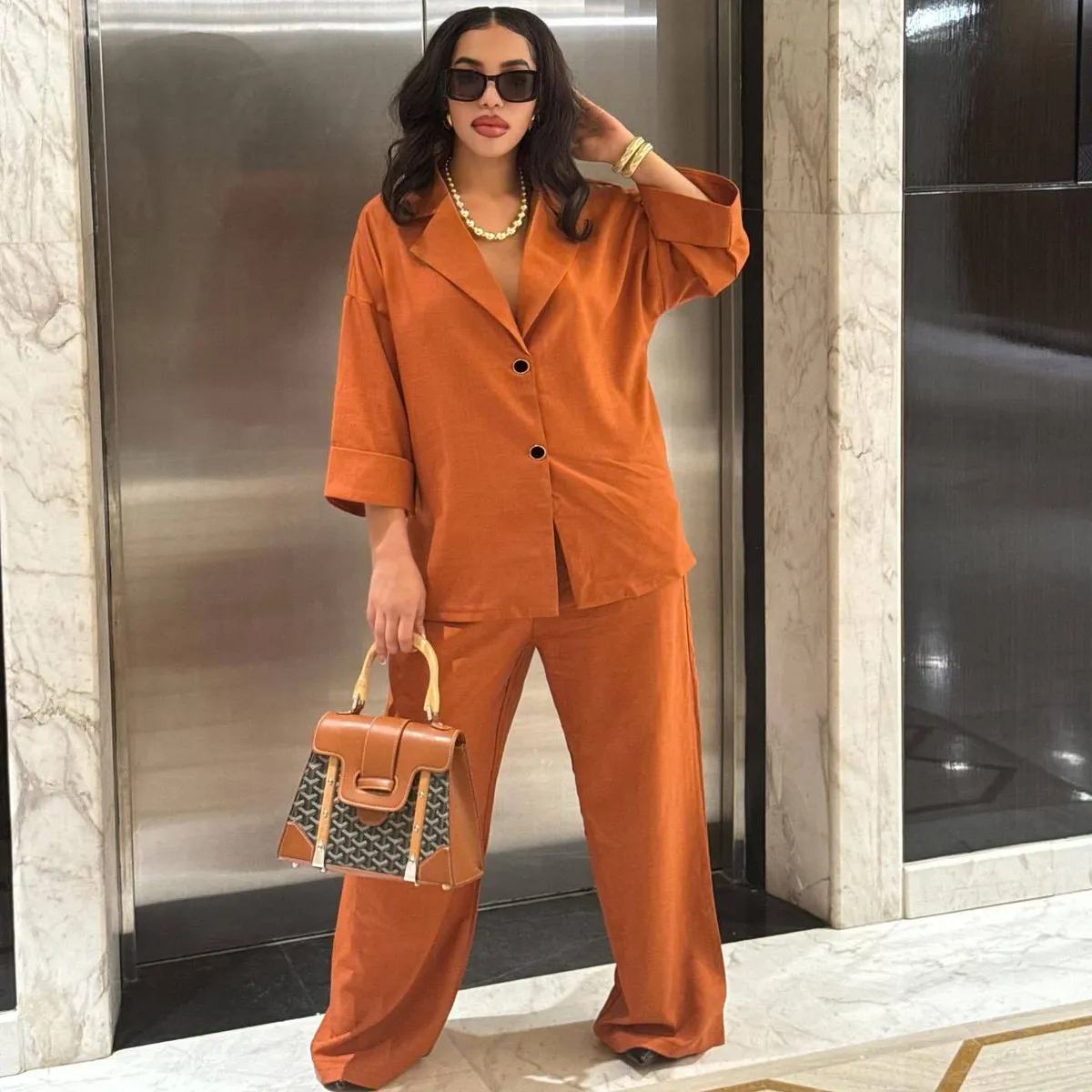 Women Casual Fashion Spring Solid Color Shirt And Wide Leg Pants Two-Piece Set