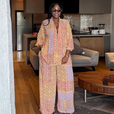 Women Spring Casual Chiffon Loose Shirt And Wide Leg Pants Two-Piece Set