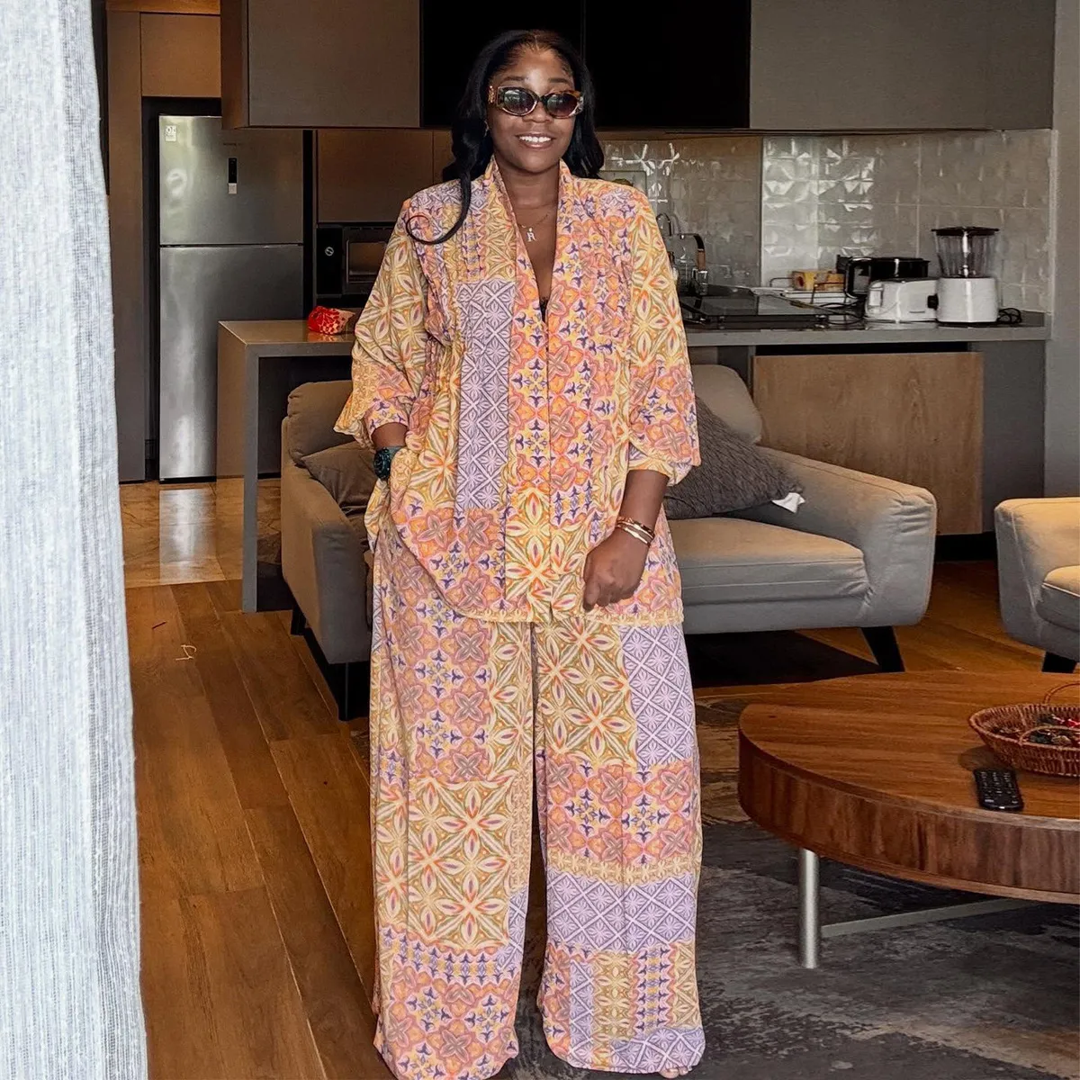 Women Spring Casual Chiffon Loose Shirt And Wide Leg Pants Two-Piece Set
