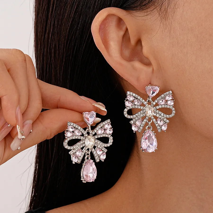 Elegant Rhinestone Bowknot Tassel Drop Earrings Women Fashion