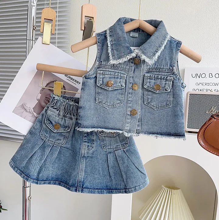 Kids Girls Fashion Summer Denim Lapel Sleeveless Vest Pleated Skirt Two-Piece Set