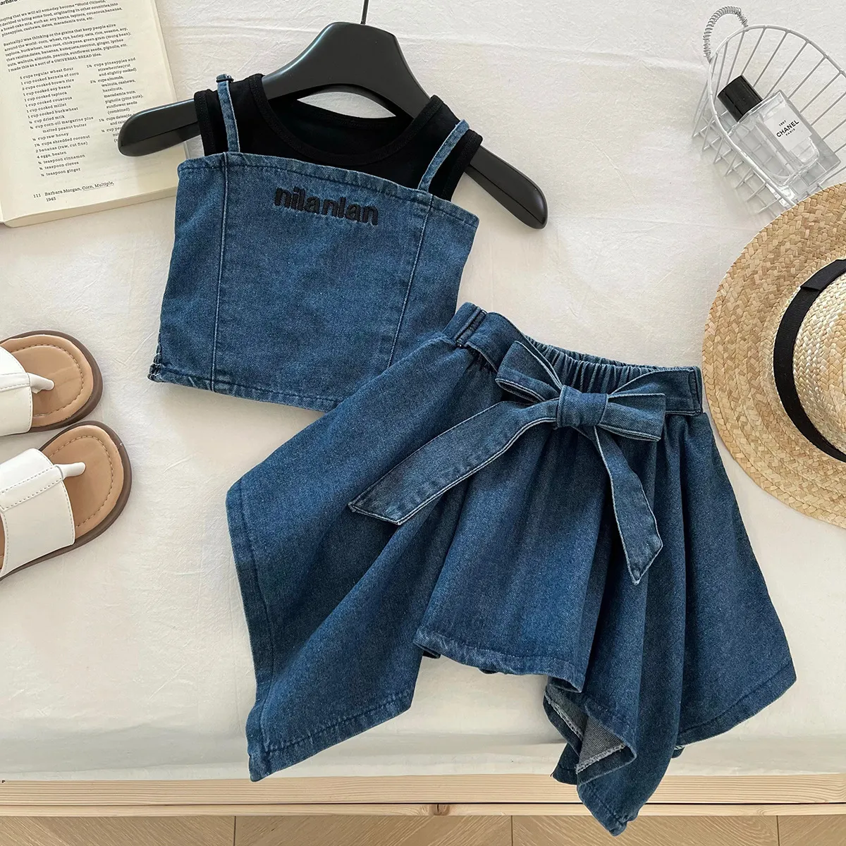 Kids Girls' Summer Denim Camisole Lace-Up Shorts Skirt Two-Piece Set